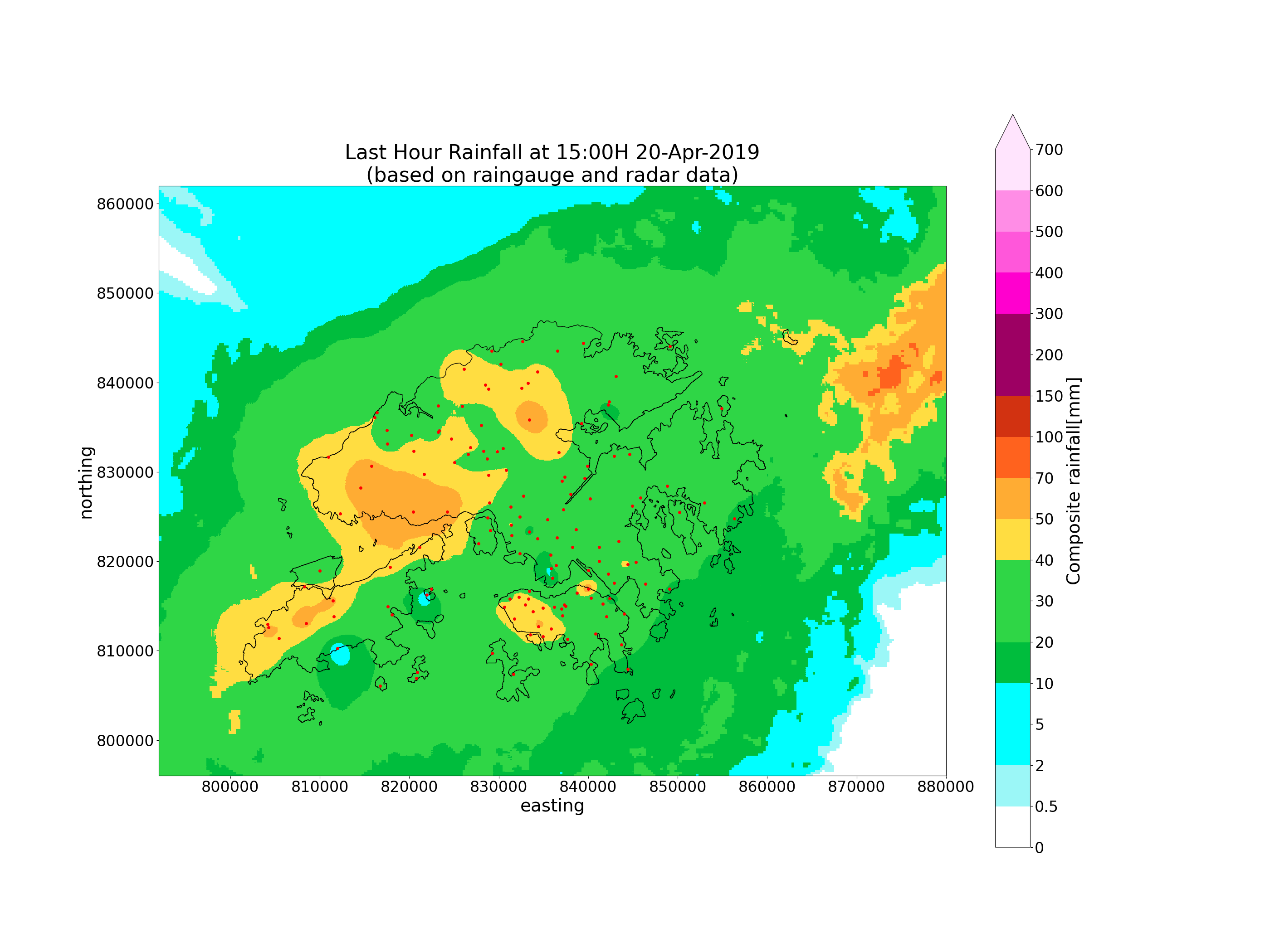 Last Hour Rainfall at 15:00H 20-Apr-2019 (based on raingauge and radar data)