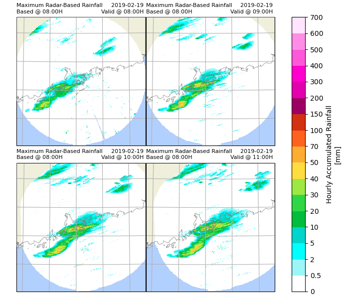 Maximum Radar-Based Rainfall Based @ 08:00H, 2019-02-19 Valid @ 08:00H , Maximum Radar-Based Rainfall Based @ 08:00H, 2019-02-19 Valid @ 09:00H , Maximum Radar-Based Rainfall Based @ 08:00H, 2019-02-19 Valid @ 10:00H , Maximum Radar-Based Rainfall Based @ 08:00H, 2019-02-19 Valid @ 11:00H
