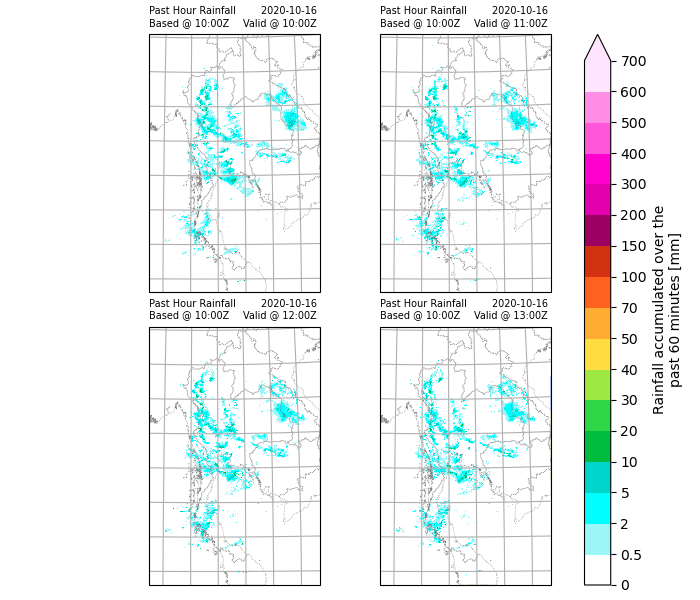 Past Hour Rainfall Based @ 10:00Z, 2020-10-16 Valid @ 10:00Z , Past Hour Rainfall Based @ 10:00Z, 2020-10-16 Valid @ 11:00Z , Past Hour Rainfall Based @ 10:00Z, 2020-10-16 Valid @ 12:00Z , Past Hour Rainfall Based @ 10:00Z, 2020-10-16 Valid @ 13:00Z