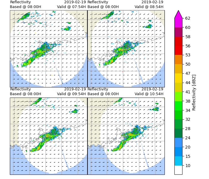 Reflectivity Based @ 08:00H, 2019-02-19 Valid @ 07:54H , Reflectivity Based @ 08:00H, 2019-02-19 Valid @ 08:54H , Reflectivity Based @ 08:00H, 2019-02-19 Valid @ 09:54H , Reflectivity Based @ 08:00H, 2019-02-19 Valid @ 10:54H