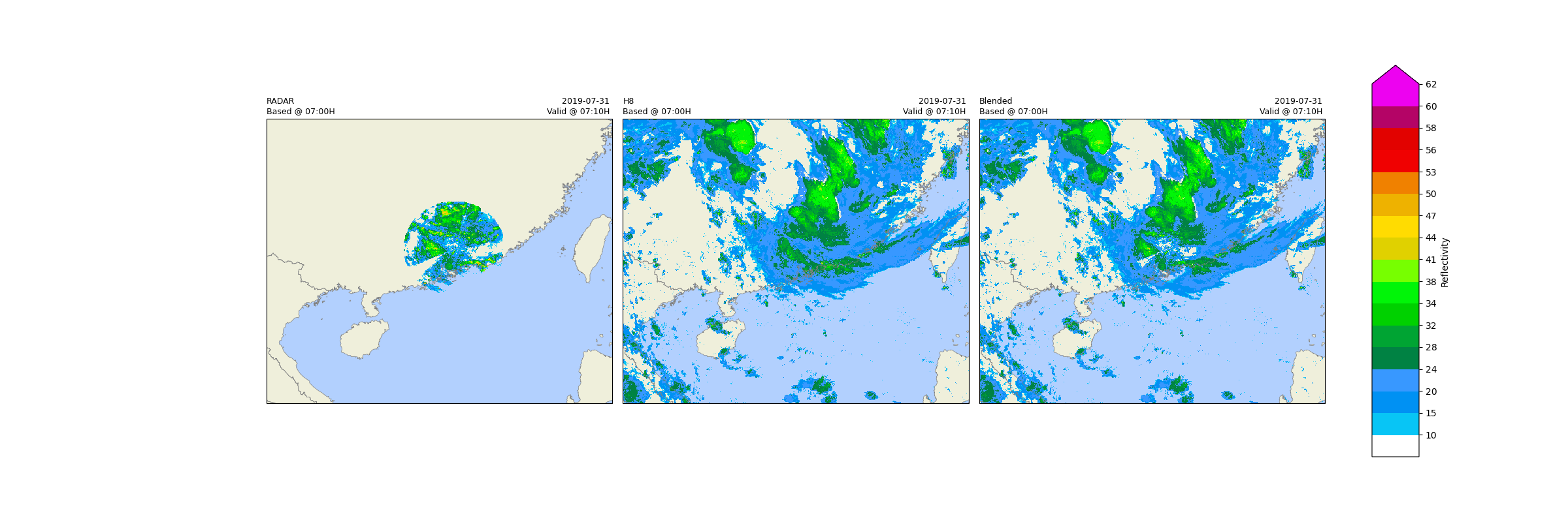 RADAR Based @ 07:00H, 2019-07-31  Valid @ 07:10H , H8 Based @ 07:00H, 2019-07-31  Valid @ 07:10H , Blended Based @ 07:00H, 2019-07-31  Valid @ 07:10H