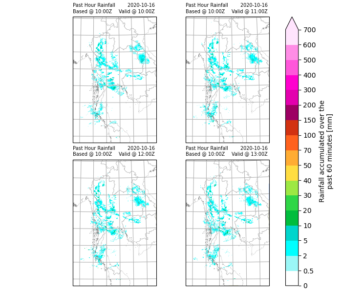 Past Hour Rainfall Based @ 10:00Z, 2020-10-16  Valid @ 10:00Z , Past Hour Rainfall Based @ 10:00Z, 2020-10-16  Valid @ 11:00Z , Past Hour Rainfall Based @ 10:00Z, 2020-10-16  Valid @ 12:00Z , Past Hour Rainfall Based @ 10:00Z, 2020-10-16  Valid @ 13:00Z