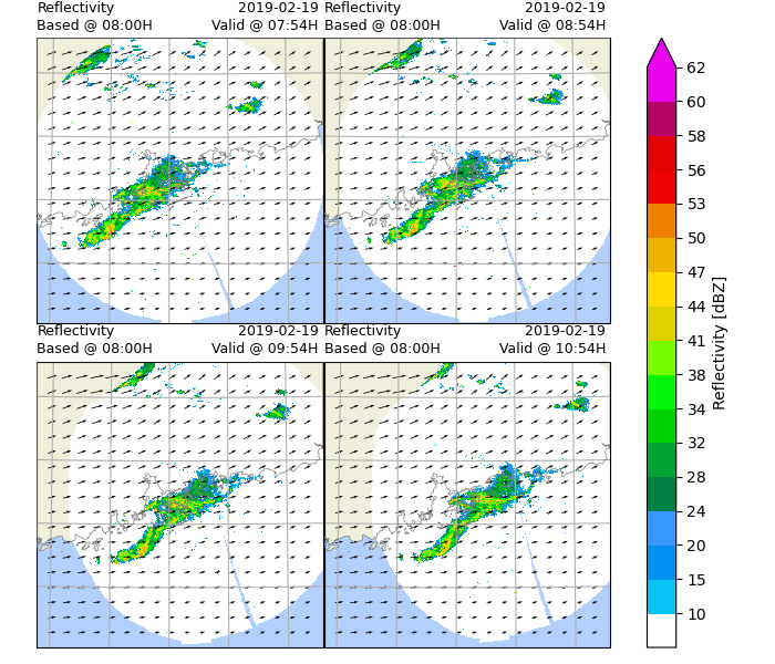 Reflectivity Based @ 08:00H, 2019-02-19  Valid @ 07:54H , Reflectivity Based @ 08:00H, 2019-02-19  Valid @ 08:54H , Reflectivity Based @ 08:00H, 2019-02-19  Valid @ 09:54H , Reflectivity Based @ 08:00H, 2019-02-19  Valid @ 10:54H