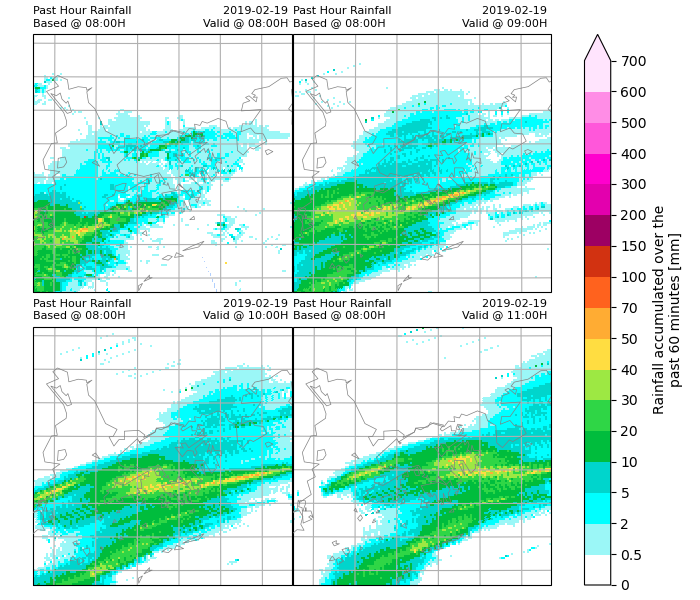 Past Hour Rainfall Based @ 08:00H, 2019-02-19  Valid @ 08:00H , Past Hour Rainfall Based @ 08:00H, 2019-02-19  Valid @ 09:00H , Past Hour Rainfall Based @ 08:00H, 2019-02-19  Valid @ 10:00H , Past Hour Rainfall Based @ 08:00H, 2019-02-19  Valid @ 11:00H