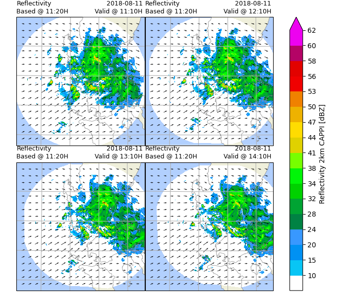 Reflectivity Based @ 11:20H, 2018-08-11  Valid @ 11:10H , Reflectivity Based @ 11:20H, 2018-08-11  Valid @ 12:10H , Reflectivity Based @ 11:20H, 2018-08-11  Valid @ 13:10H , Reflectivity Based @ 11:20H, 2018-08-11  Valid @ 14:10H